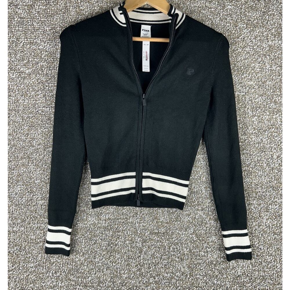 Victoria's Secret Pink Varsity Knit Full-Zip Sweater Jacket Sz XS Black White